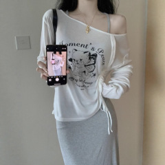 Pure Desire プリントオフショルダー日焼け止め Tシャツブラウス女性用夏猫プリントオフショルダー長袖薄手 Tシャツ女性用