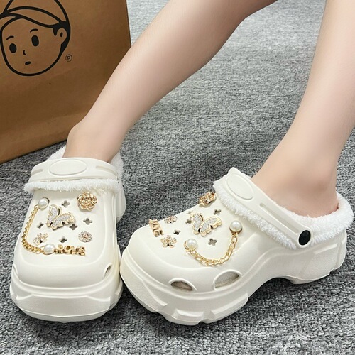All-matching fashionable furry hole shoes, outer wear girl cotton shoes, autumn and winter new detachable cotton set hole shoes, cotton shoes
