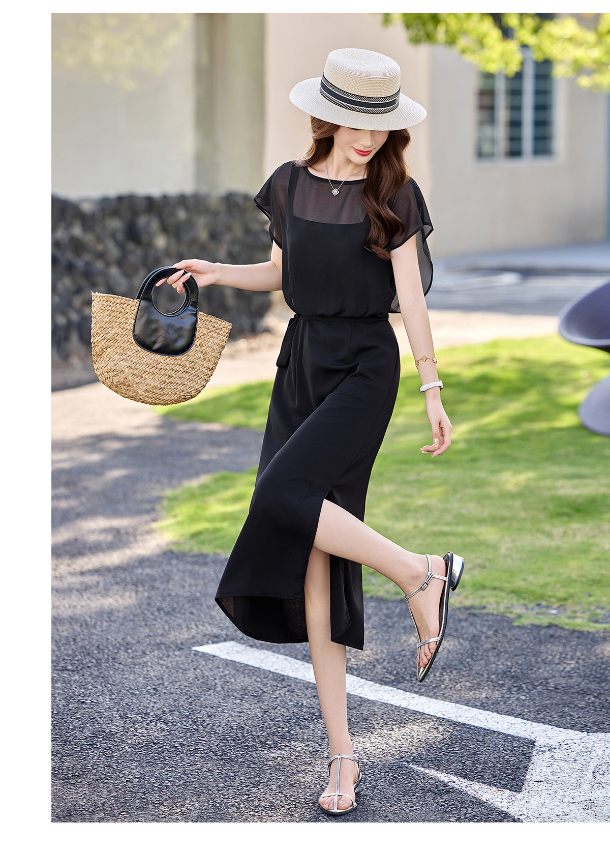 Đầm chữ A eo thắt dây tay ngắn cổ điển dáng midi — màu đen, Điểm sóng chi tiết 16