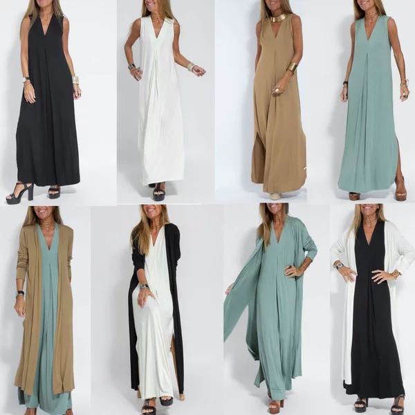 Cross-Border Amazon Independent Station European and American 2025 New Pure Color Pullover V Neck Dress Cardigan Jacket Suit for Women
