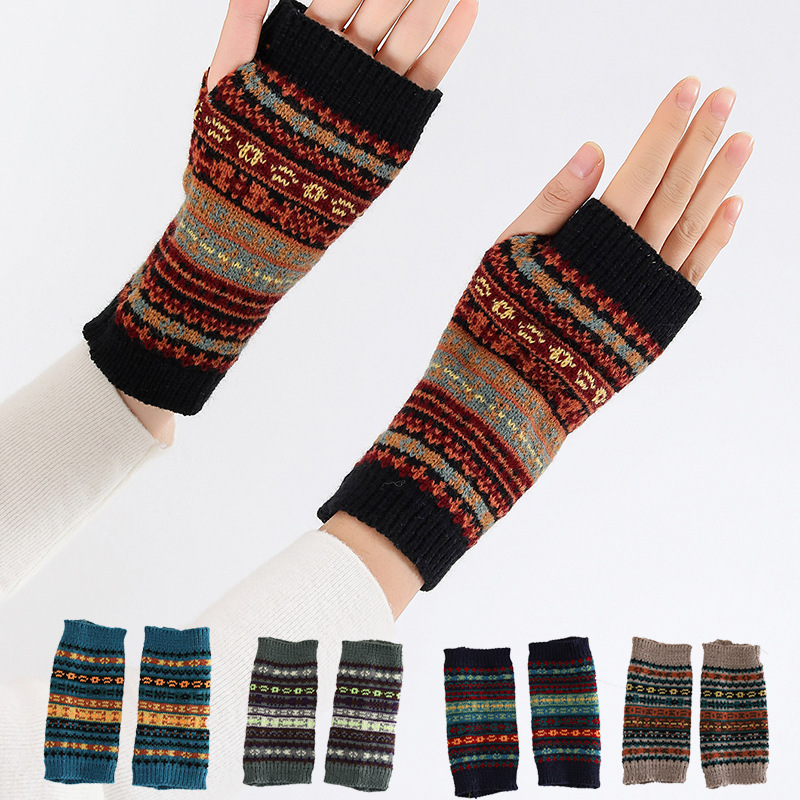 Camouflage Bohemian Thickened Wool Gloves Cross-Border Fingerless Knitted Arm Warmers Autumn and Winter Warm Arm Sleeves Camouflage Bohemian Thickened Wool Gloves Cross-Border Fingerless Knitted Arm Warmers Autumn and Winter Warm Arm Sleeves