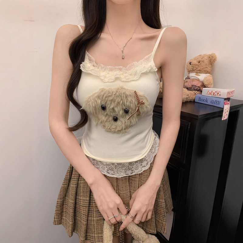 790 # Sweet Age-Reducing Camisole Autumn and Winter New Plush Puppy Lace Short Bottoming Top