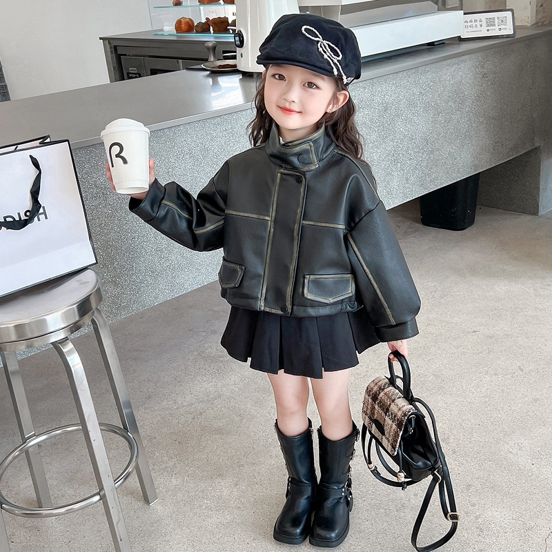 Girls Leather Jacket 2025 New Spring and Autum Kidsren's Jacket Retro Little Girl Baby Fashionable Top