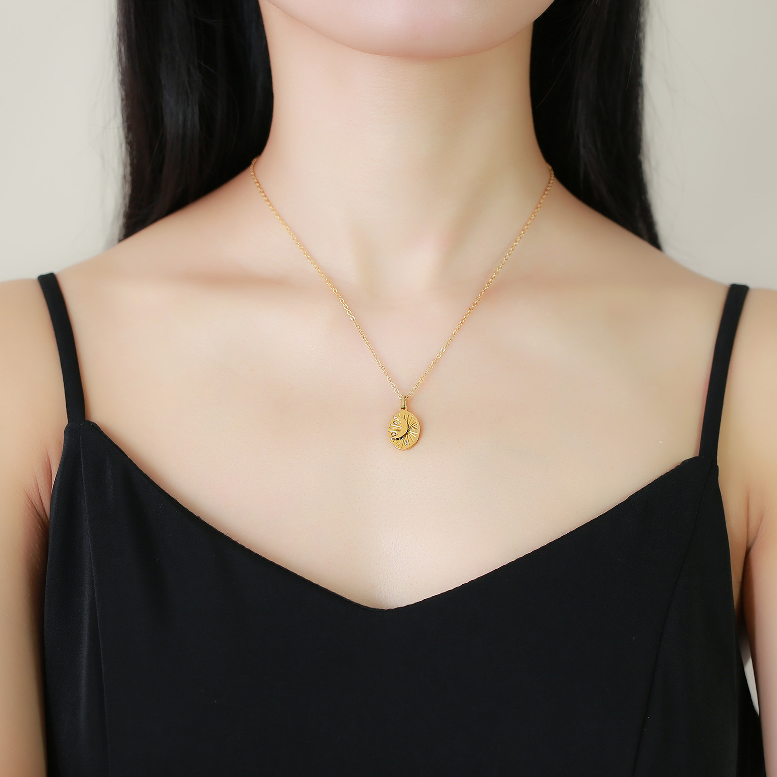 Fashion Round Moon Stainless Steel Plating Inlay Zircon Pendant Necklace 1 Piece