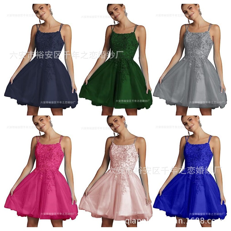 Women's Short Prom Dress Lace Appliqué Class Reunion Dress Suitable for Teenagers Spaghetti Straps Party Evening Dress