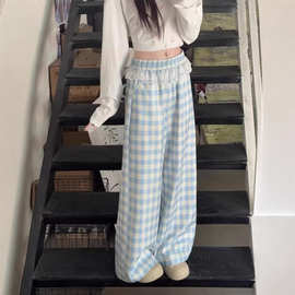 甜辣妹蕾丝边拼接休闲裤蝴蝶结裤子女夏季宽松松紧腰阔腿裤直筒裤