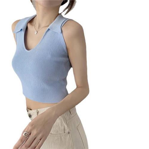 2024 Spring Short Knitted Vest Suspender Women's New Korean Style Hot Girl Inner and Outerwear Sports POLO Collar Top