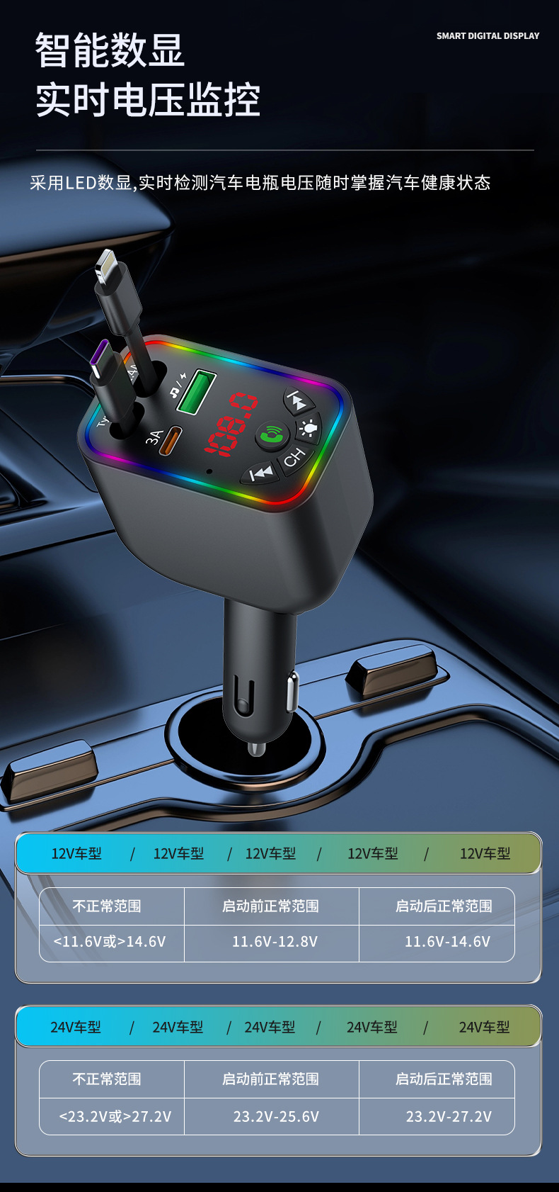 L5 Car Bluetooth Mp3 Comes with Retractable Cable Super Fast Charging Car Mp3 Four-In-One Car Charger Fm Transmitter
