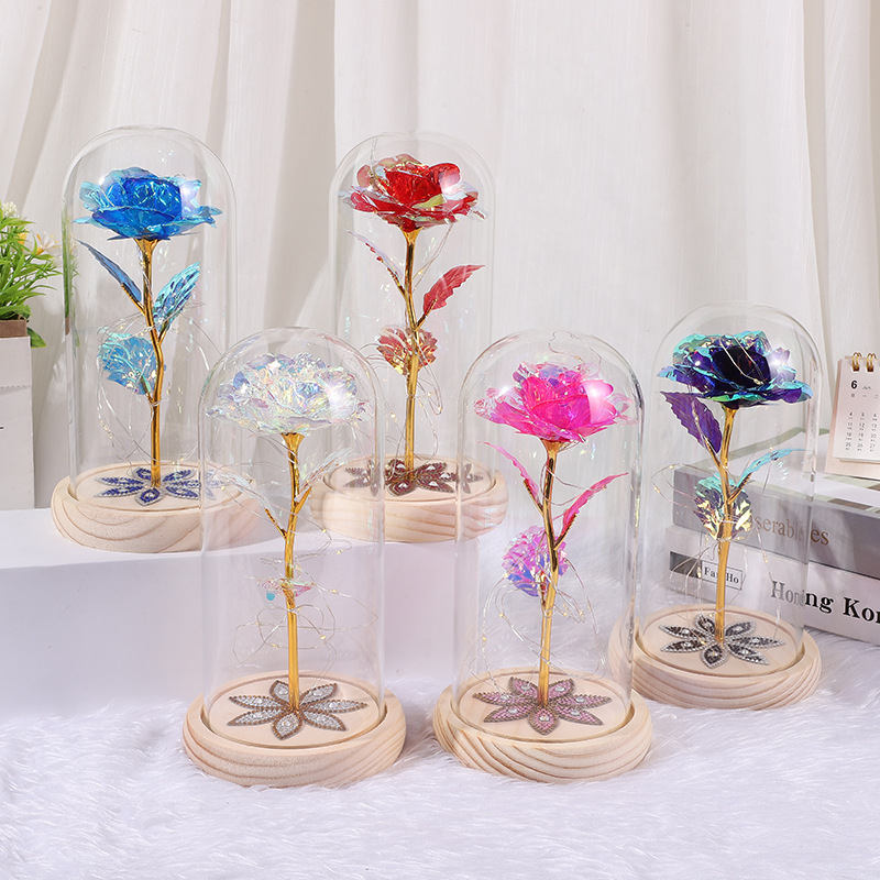 520 Cross-border Simulation Rose LED Illuminated Glass Shade Rose Gold Foil Rose Qixi Gift Everlasting Flower