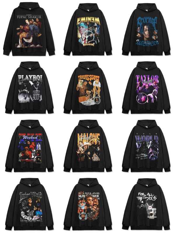 Kanye West Eminem Travis Scott Tupac XXX American hip-hop retro printed hoodie