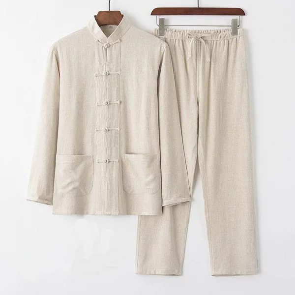 2026 Spring/Summer Men's Cotton and Linen Tang Suit Chinese Style Long Sleeve Set Ethnic Retro Loose Tai Chi Clothing