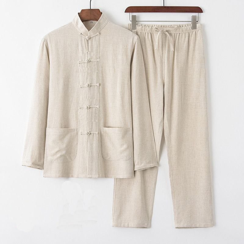 2026 Spring/Summer Men's Cotton and Linen Tang Suit Chinese Style Long Sleeve Set Ethnic Retro Loose Tai Chi Clothing