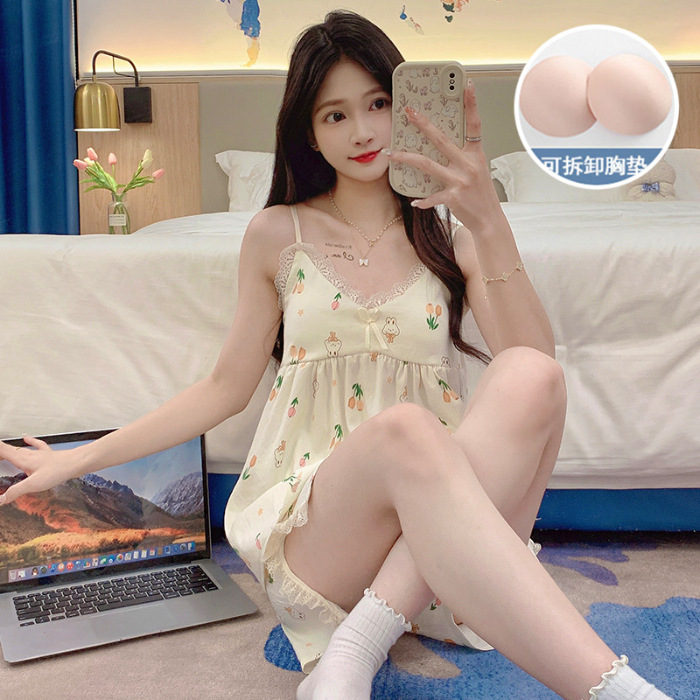 2024 verano nuevo pijama mujer tejido nubes de algodón cinturón cojín de pecho cabina niña dulce y fresco conjunto de ropa para el hogar