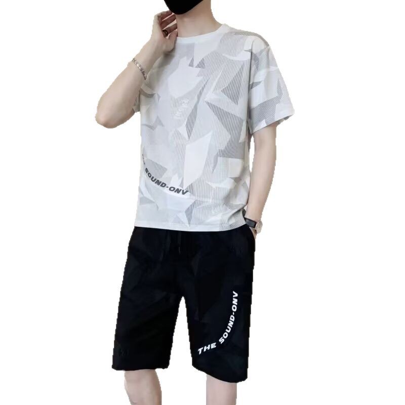 Camisas y menos ropa Traje deportivo de ocio de seda de hielo Pantalones cortos de manga corta con estampado de tie-dye para hombre