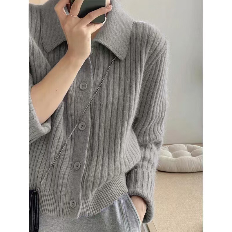赵思璐时尚短款坑条POLO领羊毛针织开衫女秋冬加厚宽松显瘦羊|undefined