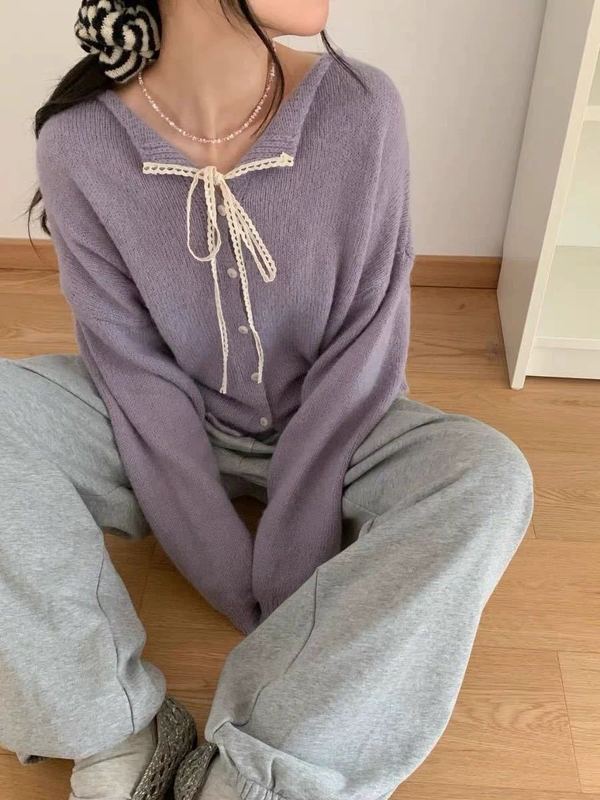 韩系系带蕾丝翻领毛衣小外套女秋冬新款纯色百搭软糯针织开衫毛衣|undefined