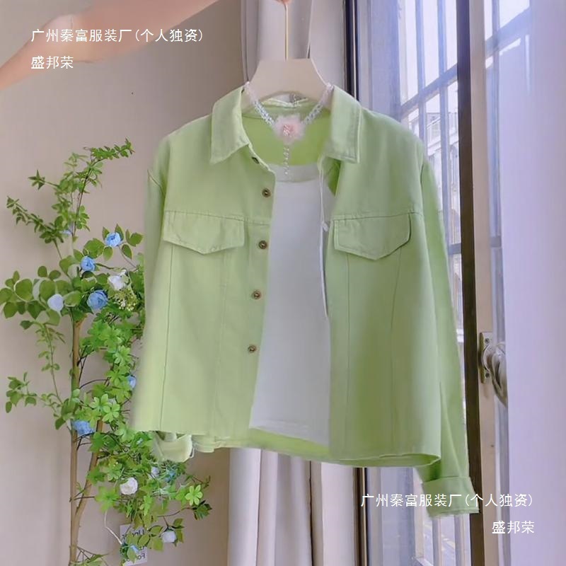 粉色Polo领斜纹衬衫外套女秋季新款设计感短款小个子休闲百搭衬衣|undefined