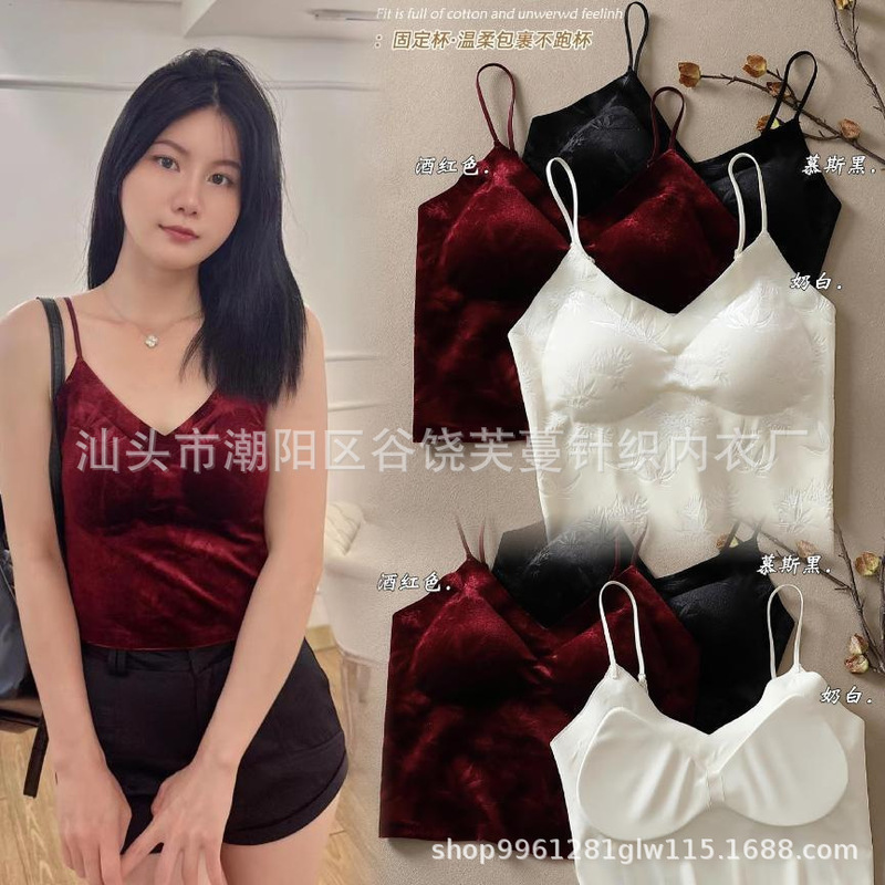 New Chinese-style Bamboo Leaf Shadow Velvet Women's Sling Beautiful Back Autumn and Winter Wear-free Bra Thickened Inner Traceless Vest