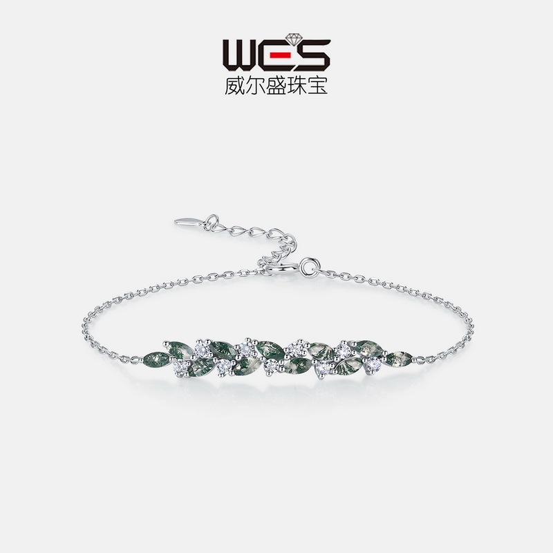 Cross-Border Exclusive Supply of Natural Aquatic Plant Agate Bracelet, S925 Silver Vine Green Moss Jewelry, Adjustable, Light Luxury Style, Simple Design