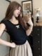 Sweet Knitted Short-sleeved T-shirt Women's Summer 2025 New Slim-fit Slimming Drawstring Bow U-neck Elegant Trendy Top