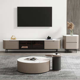 意式轻奢茶几圆形大小户型创意岩板客厅皮艺组合现代简约子母茶桌