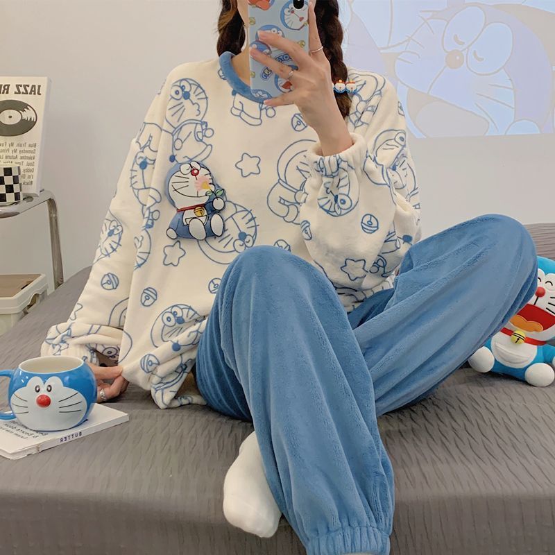 睡衣女秋冬季珊瑚绒加厚保暖韩版束口卡通可爱法兰绒家居服套装女|undefined