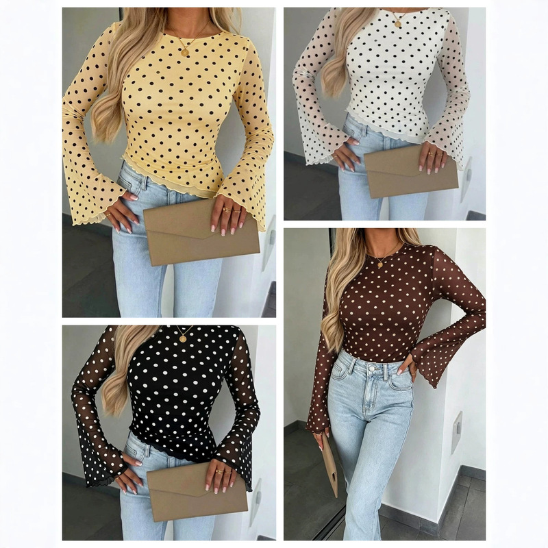 European and American style women's polka dot mesh flared long-sleeve boat-neck shirt with ruffled hem, vintage party blouse European and American style women's polka dot mesh flared long-sleeve boat-neck shirt with ruffled hem, vintage party blouse