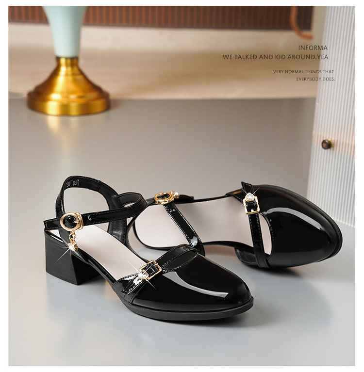 Sandal bít mũi nữ gót thô đi làm đế mềm da thật — Màu đen chi tiết 23