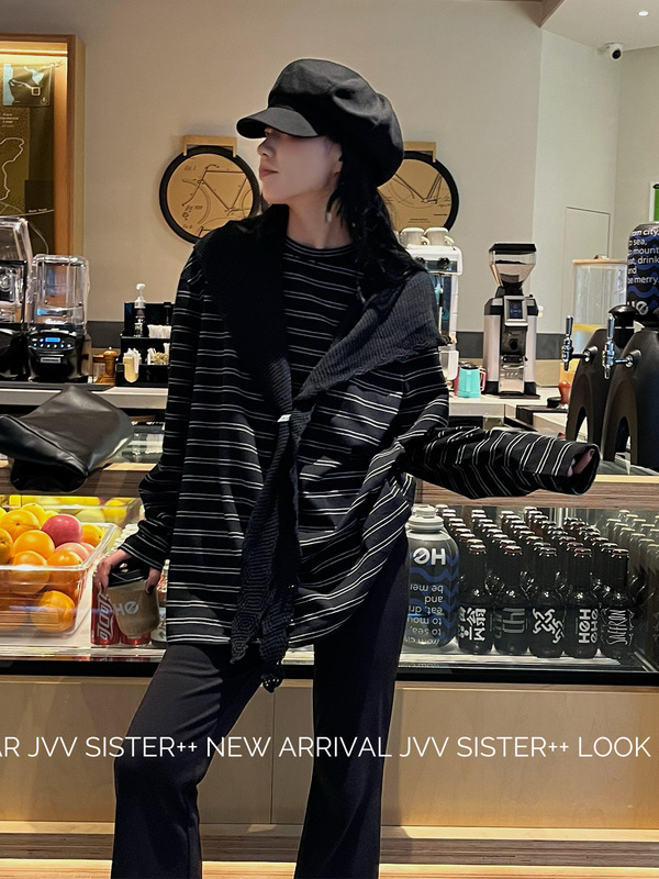 JVV十三行2025秋季新款连帽披肩长袖宽松显瘦T恤两件套女潮71058|undefined