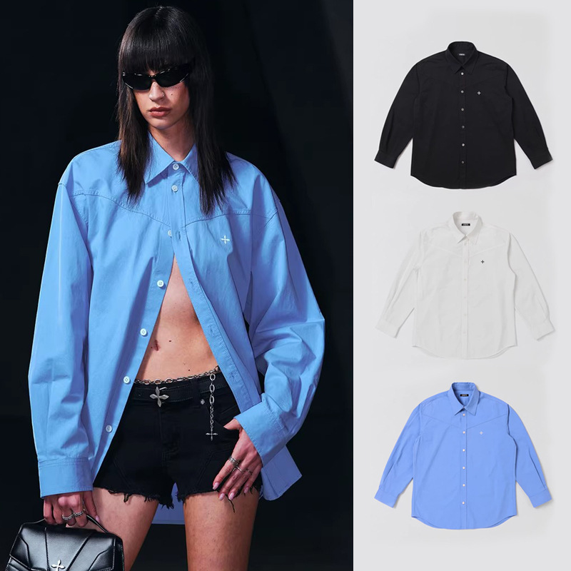 Smfk Cross Badge Work Shirt Cp003W1 Women's Spring New Cotton Casual Lapel Top Trendy Blue