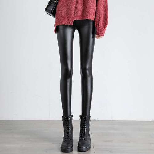 Women's PU Pencil Skirt for Autumn/Winter, Long Pants Leggings with Fleece Lining, Thick High-Waisted Slimming Windproof Waterproof Outerwear Warm Pants for Wholesale
