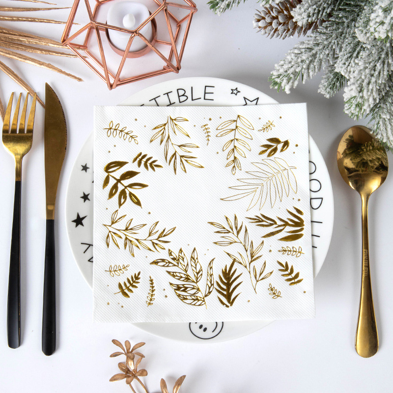 Servilletas Desechables con Estampado Dorado de Pulpa de Madera Nativa Absorbente y Duradero para Bodas y Fiestas