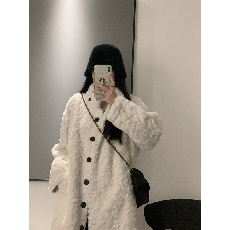 Lamb Wool Coat Women's Long Coat Over-the-knee Design Sense plutocratic Family Imitation Rabbit Velvet Thickened Loose Collar