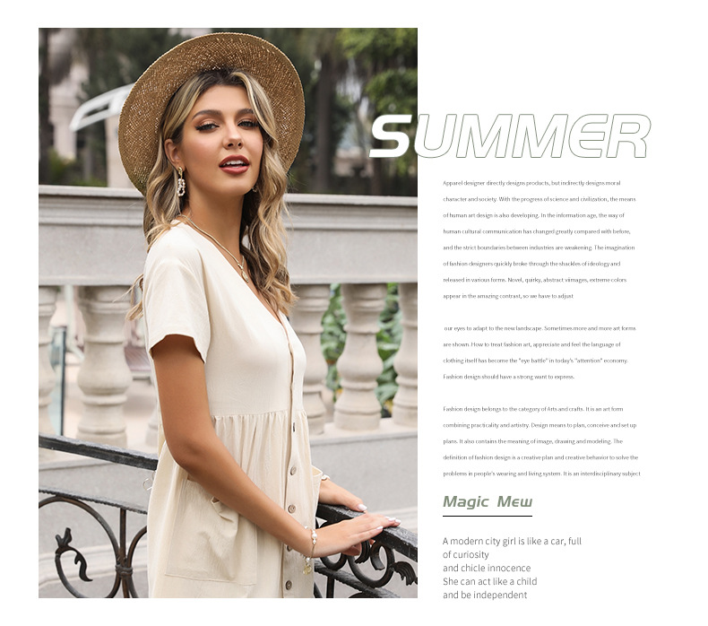 summer new cotton and linen loose solid color v-neck short-sleeved pleated shirt dress NSYYF61498