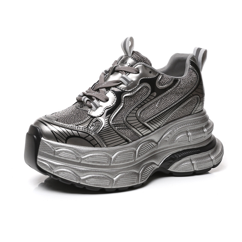 Giày sneaker nữ đế dày tăng chiều cao phối đá rhinestone — Màu đen