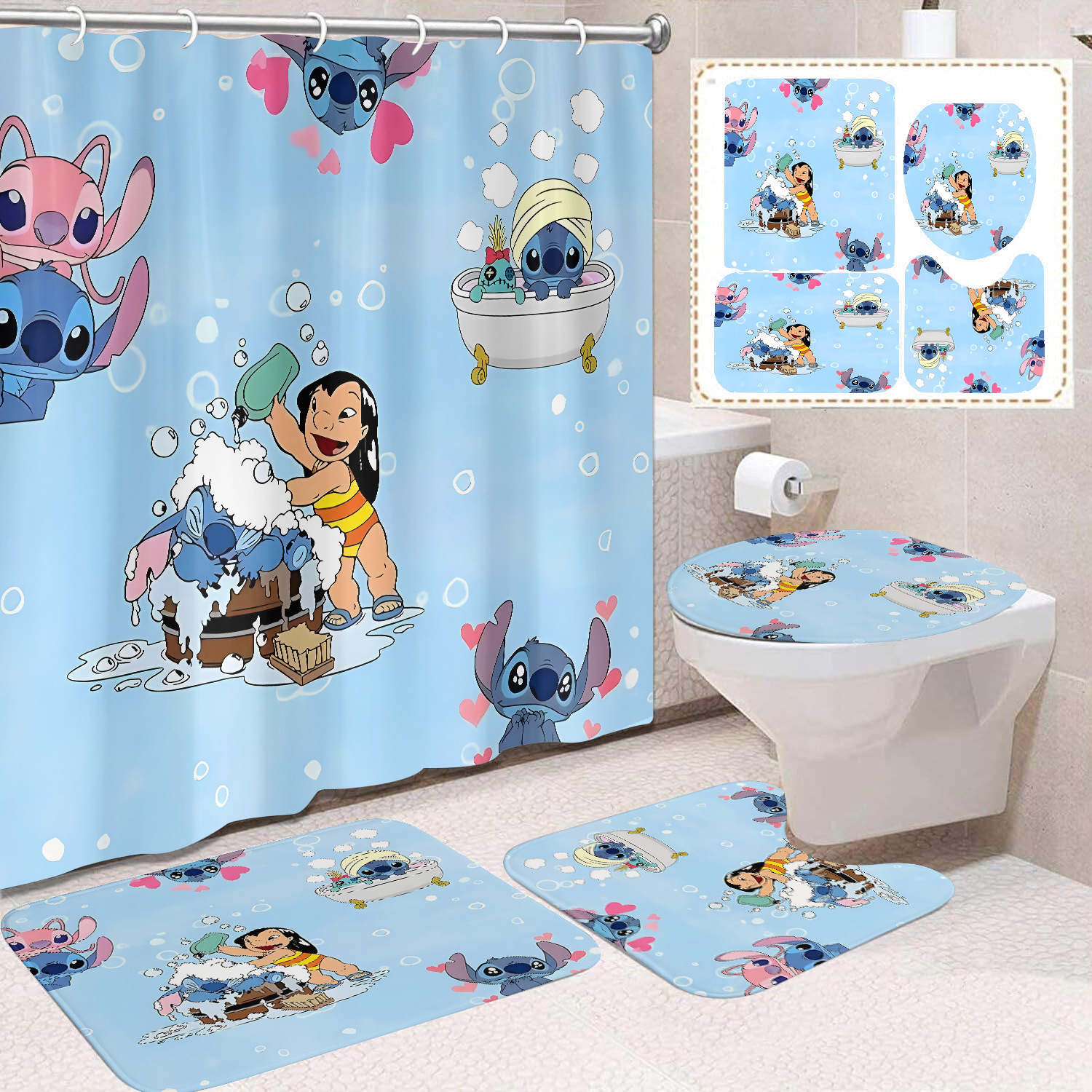 Venta directa de fábrica lindo baño de dibujos animados de cuatro piezas cortina de ducha impermeable cortina de ducha sin perforación cortina de partición de baño de baño