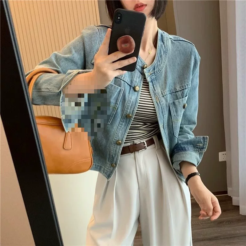 Short denim summer thin retro jacket with a round collar, Korean style