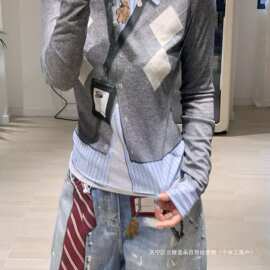 跨境南油品质25早秋设计师趣味假两件3D印花工牌菱格打底衫女上衣