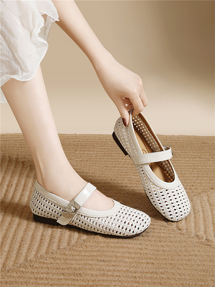 Dép sandal nữ da thật dệt rỗng mũi tròn đế bệt quai chữ V — 6057 Màu cà phê, 6057 Màu be chi tiết 9