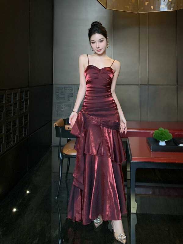 Real Shot Mermaid Ji Ruffled Elegant Sling dress Birthday Cocktail Dress