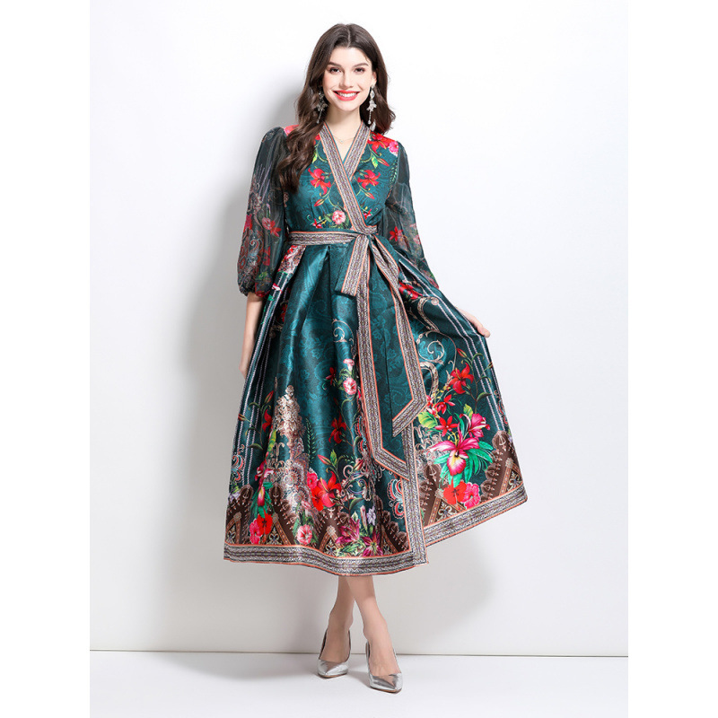 Elegant and Fashionable Cross-Border Foreign Trade 2026 Spring New V-Neck Ethnic Style Printed Satin Wrap Long Dress