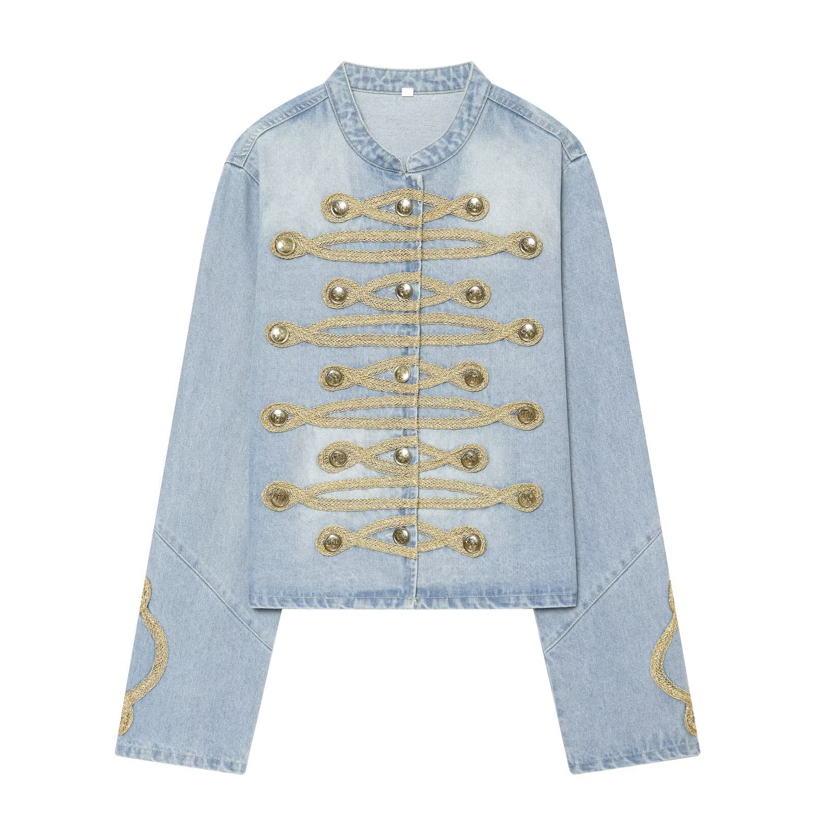 PB&ZA Autumn Women's European and American Style Vintage Round Neck Button Decorated Long Sleeve Denim Jacket 2569270