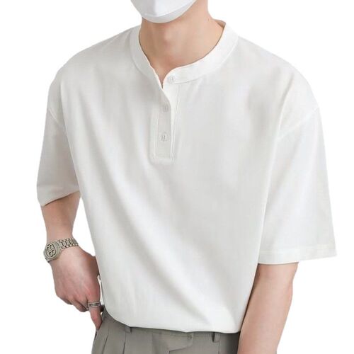 Summer Solid Color Collar Polo Shirt for Men, Summer Slim Fit Casual Half-Sleeve Student Bad Boy Style Collarless Short Sleeve T-Shirt