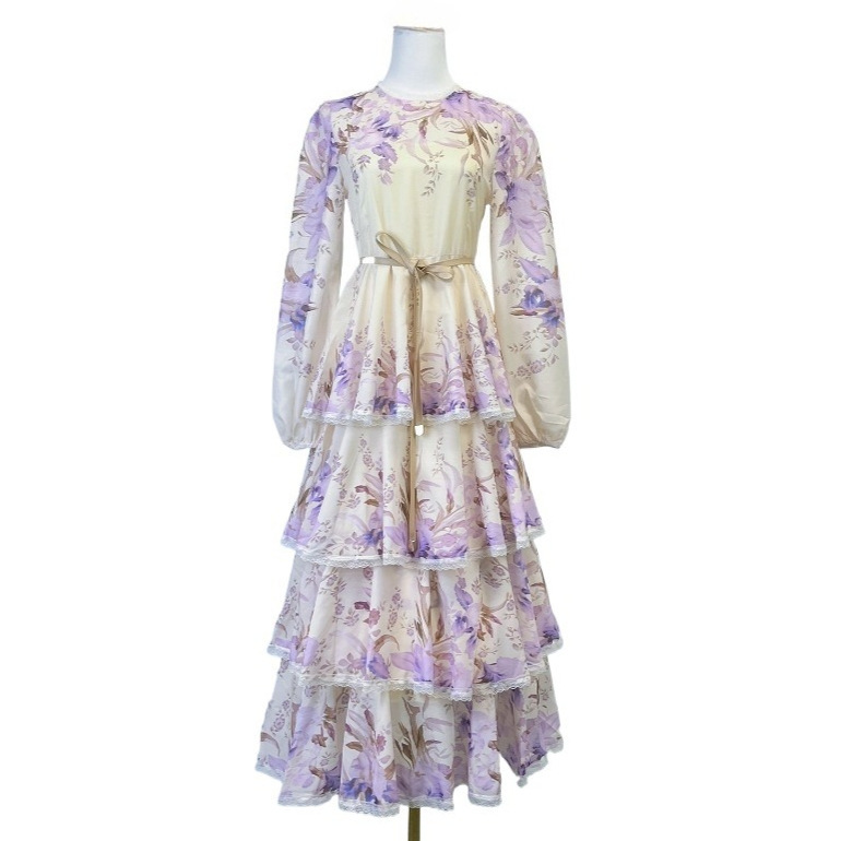 Niche New Retro Floral Pattern Lace Edge Multi-Layer Design Mid-Length High-End Dress for Spring and Autumn