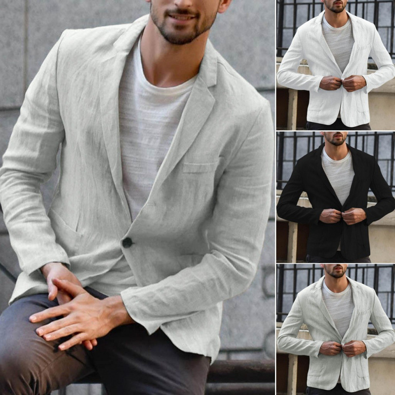 2025 Cross-Border Export Men's Suit Autum Cotton and Linen Loose Pure Color Thin Regular Casual Suit Jacket