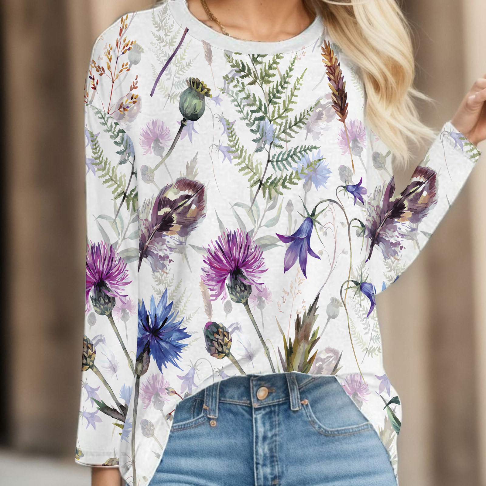 Transfronterizo otoño e invierno nuevas señoras casual cuello redondo Pascua impresión digital casual suelto cuello redondo suéter de manga larga para mujer