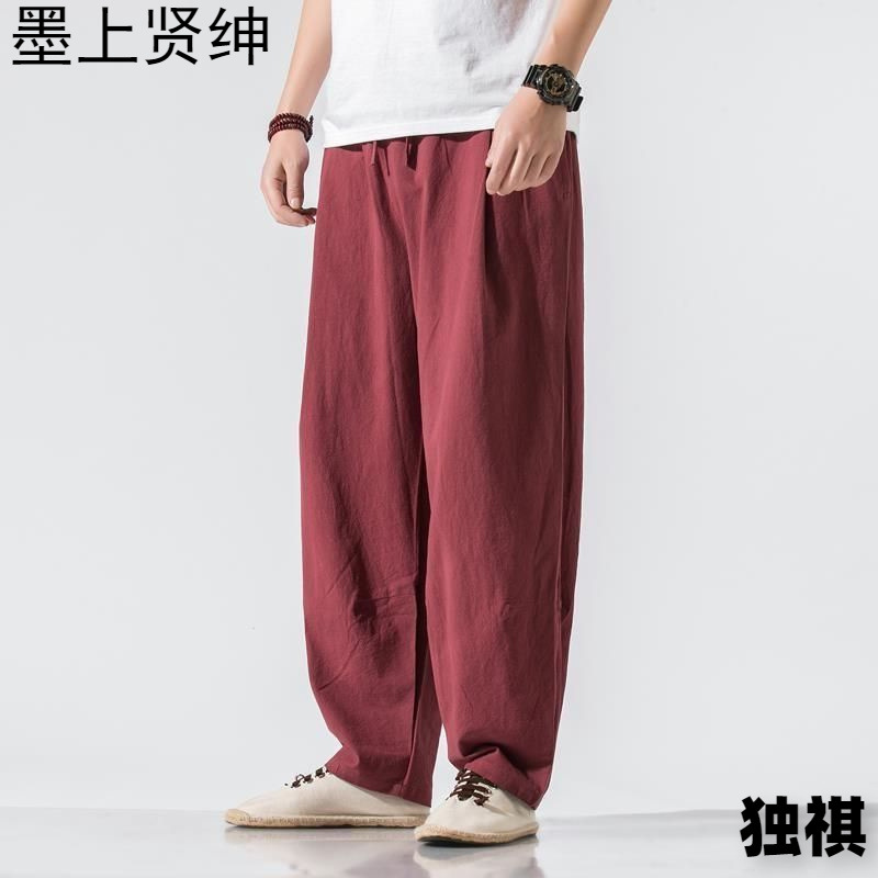 Pantalones de lino de traje Tang de estilo chino para hombres Pantalones de harén de pierna ancha de gran tamaño sueltos casuales para hombres Pantalones de linterna para jóvenes