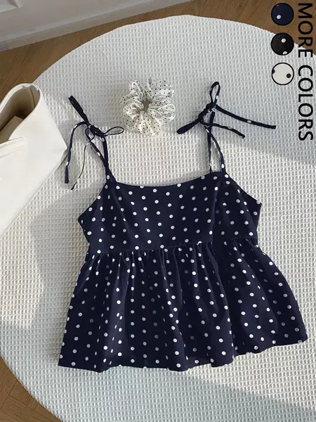 American-Style Polka Dot Tie-Up Camisole, Backless, Waist-Cinching, Slimming Short Top, Sweet and Spicy Style, Versatile Camisole for Women, Export Product