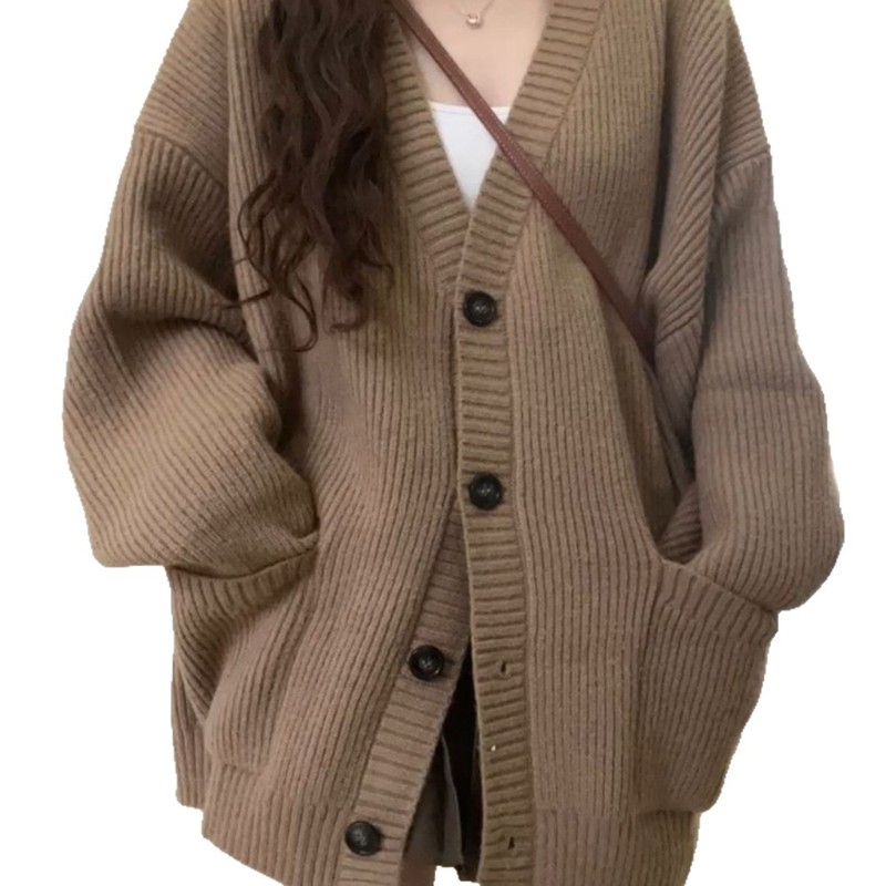 欧美跨境2025秋冬新款纯色毛衣女开衫外套宽松气质服饰针织衫上衣|undefined