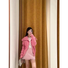 英杰2024M家秋冬新款温柔甜美翻领拉链纯色宽松针织外套女240230